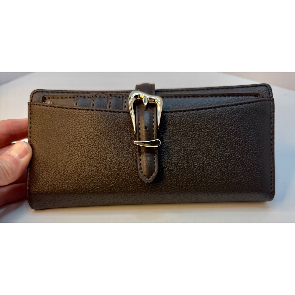 Anne Klein Buckle Snap Closure Wallet Brown Faux Leather Card Slots Zip Pocket